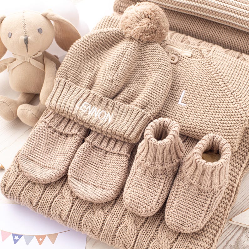 Toffee Moon Fudge Personalised Baby Blanket and Cardigan with coordinating Bobble Hat, Mittens and Booties, and Toy Bunny Gift Set