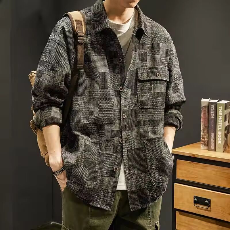 American Vintage Men Plaid Work Shirt Coat Spring Autumn Fashion New Male Clothes Casual Loose Black Grey Long Sleeve Jackets