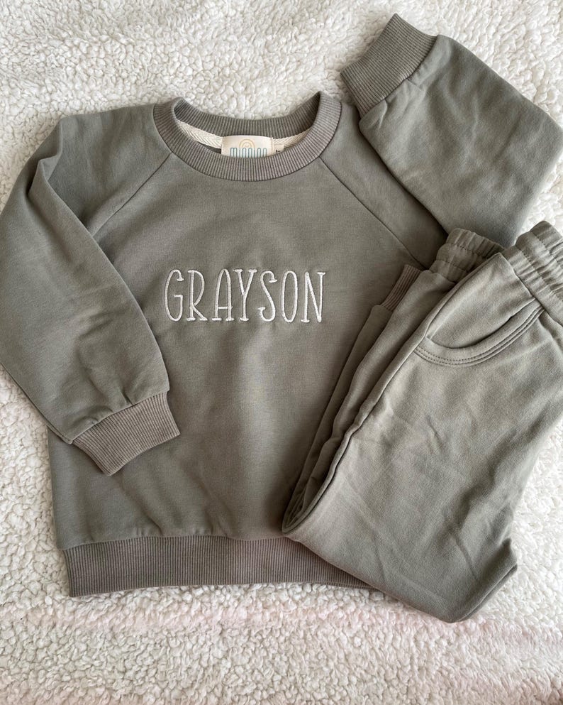 Personalized Sage Green Organic 2 Piece Sweatsuit Set, Baby Jogger Set, Custom Embroidery, Baby Gift, Baby Shower Gift